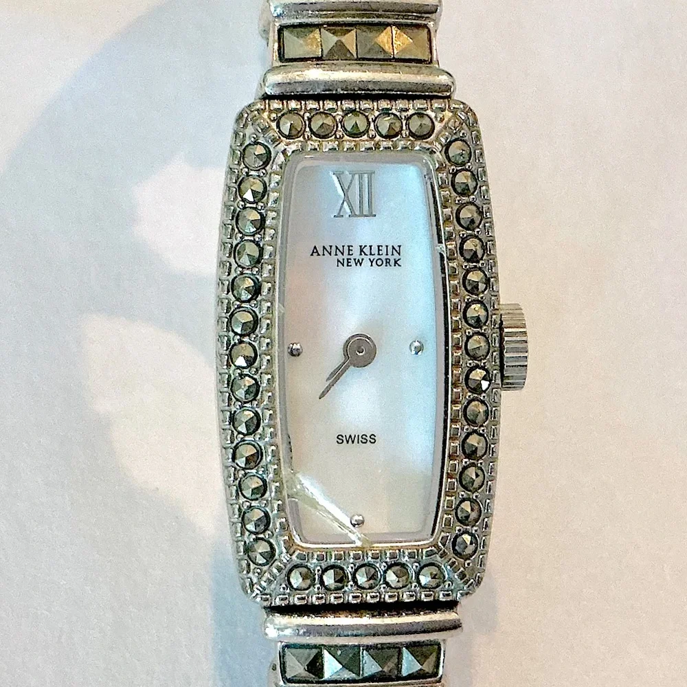 Vintage Anne Klein Marcasite Bracelet Watch Mother of Pearl